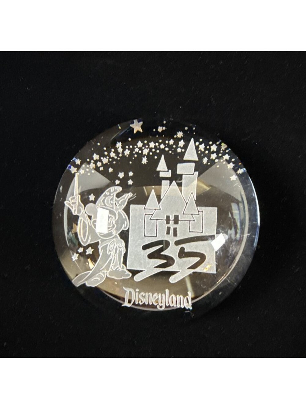 Disneyland 35th-Anniversary Mickey Mouse Domed Glass Paperweight Castle Disney